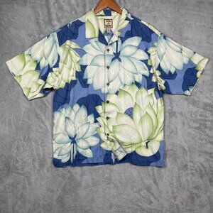 Tommy Bahama XL Blue Green Floral Silk Button-Up Short Sleeve Shirt